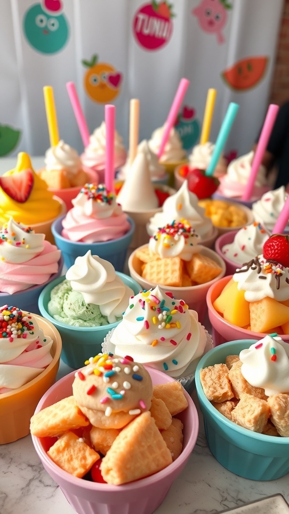 A colorful assortment of ice cream in bowls with toppings, set up for a mukbang.
